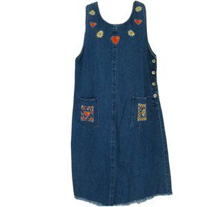 Vintage Blue Jean Denim Dress Jumper Embroidered Hearts Flowers Med Sleeveless